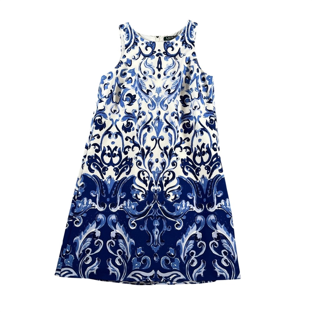 Lauren Ralph Lauren Womens Blue White Scroll Print Sleeveless Shift Dress Size 6